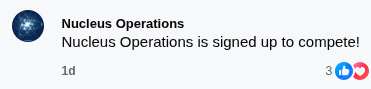 Facebook comment from Nucleus Operations: “Nucleus Operations is signed up to compete!”